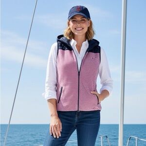 Tommy Hilfiger Lightweight Athluxe pink Navy stripes knit puffer Hood Zip Vest M